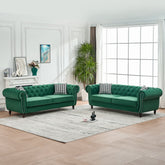 3 Seater & 3 Seater Chesterfield velvet upholstery fabric Sofa with Roll Armrest & Nailhead,Upholstered Mid Century Modern Couch,3+3 Seater Couch for Living Room, Office, Apartment, Green