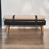 Bouclé Buffalo Hide Black Leather Bench Upholstered, Nordic Legs, Beige and Black
