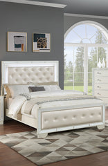 Cream Ivory Tufted Faux Leather Eastern King Size Bed w LED Lights Beautiful 1pc Panel Bedframe Mirror Trim