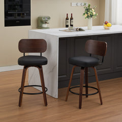Swivel Bar Stools Set of 2, 26" Upholstered Faux Leather Counter Height Barstools with Walnut Back & Bentwood Legs, Mid Century Modern Bar Chairs Island Stools for Kitchen Counter, Black PU, SW1864BK