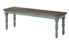 Prato Two-Tone Wood Upholstered Dining Bench, Antique Brown and Distressed Blue