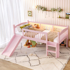 Twin Loft Bed with Storage Shelves, Solid Wood Lower Loft Bed with LED Lights and Full-length Guardrails, No Box Spring Needed, Pink