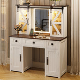 43.3 inch Farmhouse Makeup Vanity Desk with Lighted Mirror, Vanity Table Set with Charging Station, Dressing Table with Sliding Barn Door Hidden Shelves & 3 Drawers & 4 Cabinets, Beige