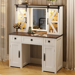 43.3 inch Farmhouse Makeup Vanity Desk with Lighted Mirror, Vanity Table Set with Charging Station, Dressing Table with Sliding Barn Door Hidden Shelves & 3 Drawers & 4 Cabinets, Beige