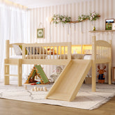 Twin Loft Bed with Storage Shelves, Solid Wood Lower Loft Bed with LED Lights and Full-length Guardrails, No Box Spring Needed, Natural
