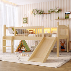 Twin Loft Bed with Storage Shelves, Solid Wood Lower Loft Bed with LED Lights and Full-length Guardrails, No Box Spring Needed, Natural