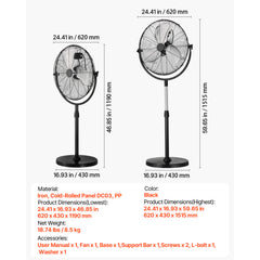20" Industrial Pedestal Fan 3-Speed Fan 46.9 to 59.6 Inch Height Adjustable