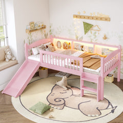 Twin XL Loft Bed with Storage Shelves, Solid Wood Lower Loft Bed with LED Lights and Full-length Guardrails, No Box Spring Needed, Pink