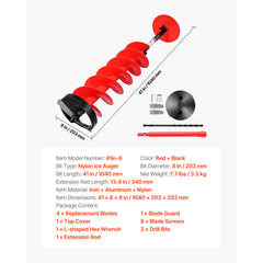 Ice Auger Drill Bit, 8in Diameter 41in Length, Cordless Nylon Ice Fishing Augers With Extra 13.4in Extension Rod, Drill Adapter, Top Plate and Blade Guard