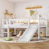 Twin XL Loft Bed with Storage Shelves, Solid Wood Lower Loft Bed with LED Lights and Full-length Guardrails, No Box Spring Needed, White