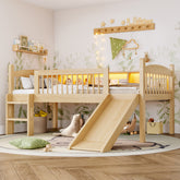 Twin XL Loft Bed with Storage Shelves, Solid Wood Lower Loft Bed with LED Lights and Full-length Guardrails, No Box Spring Needed, Natural