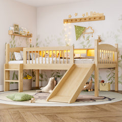 Twin XL Loft Bed with Storage Shelves, Solid Wood Lower Loft Bed with LED Lights and Full-length Guardrails, No Box Spring Needed, Natural