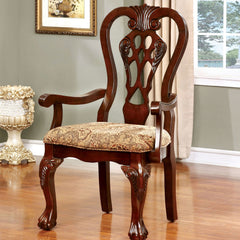 Formal Classic Set of 2pc Arm Chairs Dining Room Cherry Solid wood Damask Print Fabric Seat Intricate Back Ball & Claw Feet