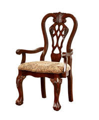 Formal Classic Set of 2pc Arm Chairs Dining Room Cherry Solid wood Damask Print Fabric Seat Intricate Back Ball & Claw Feet