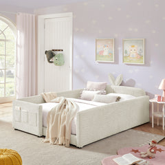 Full Size Upholstered Platform Bed with Cute Rabbit Ear Shaped Headboard, with Safety Rail and Pocket, Boucle Fabric, Beige