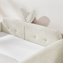 Full Size Upholstered Platform Bed with Cute Rabbit Ear Shaped Headboard, with Safety Rail and Pocket, Boucle Fabric, Beige