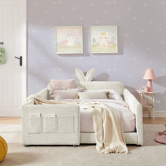 Full Size Upholstered Platform Bed with Cute Rabbit Ear Shaped Headboard, with Safety Rail and Pocket, Boucle Fabric, Beige