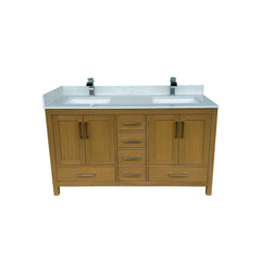 60" Bathroom Vanity with double basins Sink & Faucet Hole, Bathroom Storage Vanity Sink Cabinet with 4 Doors & 6 Drawers in Desert Oak