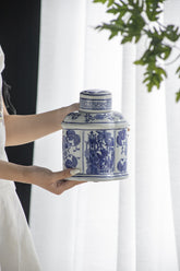 6.2x4.8x8" Ren Blue and White Oval Jar with Lid