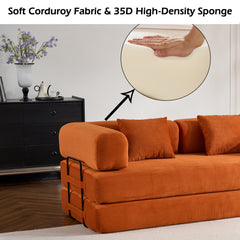 Convertible Sleeper Sofa Bed with Cylindrical Pillow, Corduroy Folding Mattress Couch with Fixed-Shape Frame, Floor Sofa Lounge Couch for Living Room Bedroom (Orange)