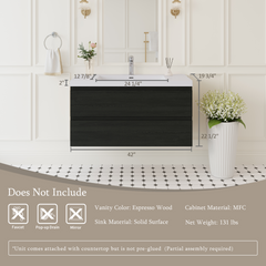 42" Floating Bathroom Vanity with Sink, Wall-Mounted Storage Cabinet with Solid Surface Top Basin and Soft Close Drawers Fully Assembled, Espresso Wood 24V11-42EW-W1920P411903