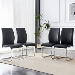 Luxury Simple Arch Chair - Set of 4 Black PU Material High Resilience Dining Chair with Arched Metal Silver Leg.