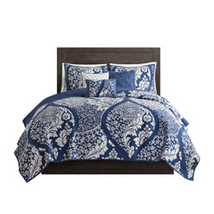 6 Piece Printed Cotton Quilt Set with Throw Pillows Indigo King/Cal King
