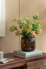 Brown and Amber Glass Vase with Cheetah Motif, Short, 7.9x7.9"
