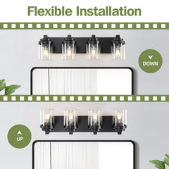 4 Light Bathroom Vanity Light, Matte Black Bathroom Light Fixtures with Clear Glass Shade, Vanity Light Fixtures Over Mirror for Bedroom Living Room(Bulb not included)