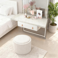 Round Storage Ottoman with Flip Top Tray Linen Fabric Upholstered Footstool