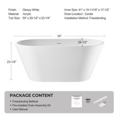 60'' Acrylic Freestanding Bathtub, Oval Soaking Stand Alone Bath Tub with Toe-Tap Chrome Drain and Classic Slotted Overflow, cUPC Certified, Glossy White 25A02-60