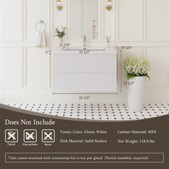 36" Floating Bathroom Vanity with Sink, Modern Wall-Mounted Bathroom Storage Vanity Cabinet with Solid Surface Top Basin and Soft Close Drawers, Fully Assembled, Glossy White CM-24V11-36GW