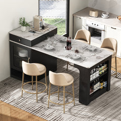 K&K 59.5" Kitchen Island with Extendable Dining Table, Kitchen Storage Table with Double-sided Storage, Kitchen Island with 2 Drawers, Power Outlet, Side Open Shelves, for Kitchen, Dining Room, Black