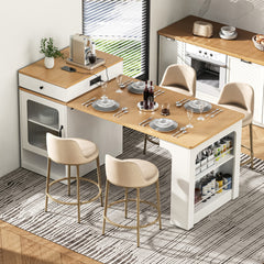 K&K 59.5" Kitchen Island with Extendable Dining Table, Kitchen Storage Table with Double-sided Storage, Kitchen Island with 2 Drawers, Power Outlet, Side Open Shelves, for Kitchen, Dining Room, White