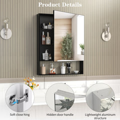24'' x 30'' Medicine Cabinet with Mirror for Bathroom, Wall Mounted Bathroom Mirror with Storage, Adjustable Shelves, Aluminum Framework, Surface Mount Black