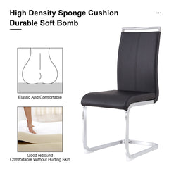 Table and chair set.The table has a glass top with imitation marble pattern stickers and stainless steel silver legs.Paired with 6 Black PU Chairs with Silver C-tube Metal Leg.