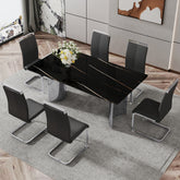 Table and chair set.The table has a glass top with imitation marble pattern stickers and stainless steel silver legs.Paired with 6 Black PU Chairs with Silver C-tube Metal Leg.