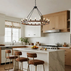 39.3 INCH Wood Wagon Wheel Chandelier Modern Farmhouse Pendant Light 20-Light Ceiling Hanging Lighting Fixtures for Living Room Dining Room Kitchen Island Foyer--NO INCLUDED BULBS--WOOD + Matte Black