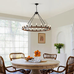 39.3 INCH Wood Wagon Wheel Chandelier Modern Farmhouse Pendant Light 20-Light Ceiling Hanging Lighting Fixtures for Living Room Dining Room Kitchen Island Foyer--NO INCLUDED BULBS--WOOD + Matte Black