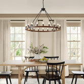 39.3 INCH Wood Wagon Wheel Chandelier Modern Farmhouse Pendant Light 20-Light Ceiling Hanging Lighting Fixtures for Living Room Dining Room Kitchen Island Foyer--NO INCLUDED BULBS--WOOD + Matte Black