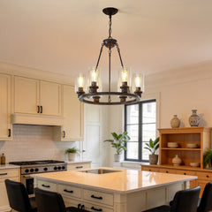 23.62'' Modern 6-Light Black Wagon Wheel Chandelier With Light(No Bulbs) For Bedroom Bathroom,Living Room--E26--Coffee Brown