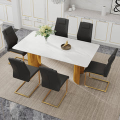 Table and chair set.The table has a glass tabletop with imitation marble pattern sticker and stainless steel golden table legs.Paried with 6 comfortable chairs with PU seats and metal legs.W1151S01526