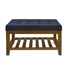 Upholstered Coffee Table Tufted Linen Large Square Ottoman with Beech Wood Shelf and Frame, Oversized Footrest Ottoman for Living Room, Navy Blue