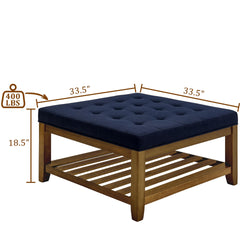 Upholstered Coffee Table Tufted Linen Large Square Ottoman with Beech Wood Shelf and Frame, Oversized Footrest Ottoman for Living Room, Navy Blue