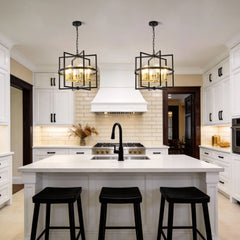 6-Light Metal Lantern Tiered Pendant Hanging Light Fixtures, Industrial Farmhouse Adjustable Height Chandeliers for Dining Room Hallway Foyer Entryway--Matte Black + GOLD (E26 Bulbs Not Included)