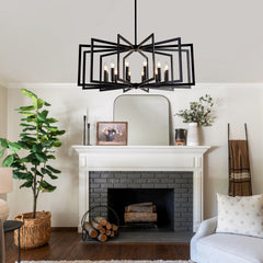 12Light Metal Lantern Tiered Pendant Hanging Light Fixtures, Industrial Farmhouse Adjustable Height Chandeliers for Dining Room Hallway Foyer Entryway--Matte Black (E26 Bulbs Not Included)