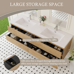 72" Floating Bathroom Vanity with Sink, Wall-Mounted Storage Cabinet with Solid Surface Top Basin, Two Sinks Four Soft Close Drawers Fully Assembled, Natural Oak 24V11-72NO-W1920P385505