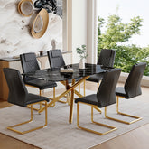 Table and chair set.63"x35.4"x30" Luxurious Black Marble-Patterned Tempered Glass Dining Table.Single Fork Golden Metal Table Legs.Paried With 6 Black High-quality PU Chairs With Arched Metal Legs.