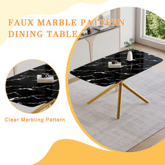Table and chair set.63"x35.4"x30" Luxurious Black Marble-Patterned Tempered Glass Dining Table.Single Fork Golden Metal Table Legs.Paried With 6 Black High-quality PU Chairs With Arched Metal Legs.