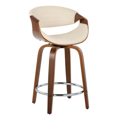 Symphony 24" Mid-Century Modern Fixed-Height Counter Stool with Swivel in Walnut Wood and Cream Faux Leather with Round Chrome Metal Footrest by LumiSource - Set of 2